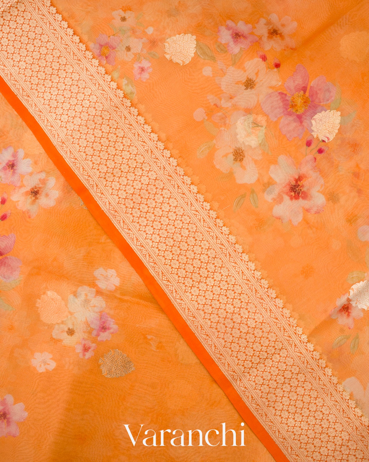 Light Orange Printed Pure Kora Silk Saree