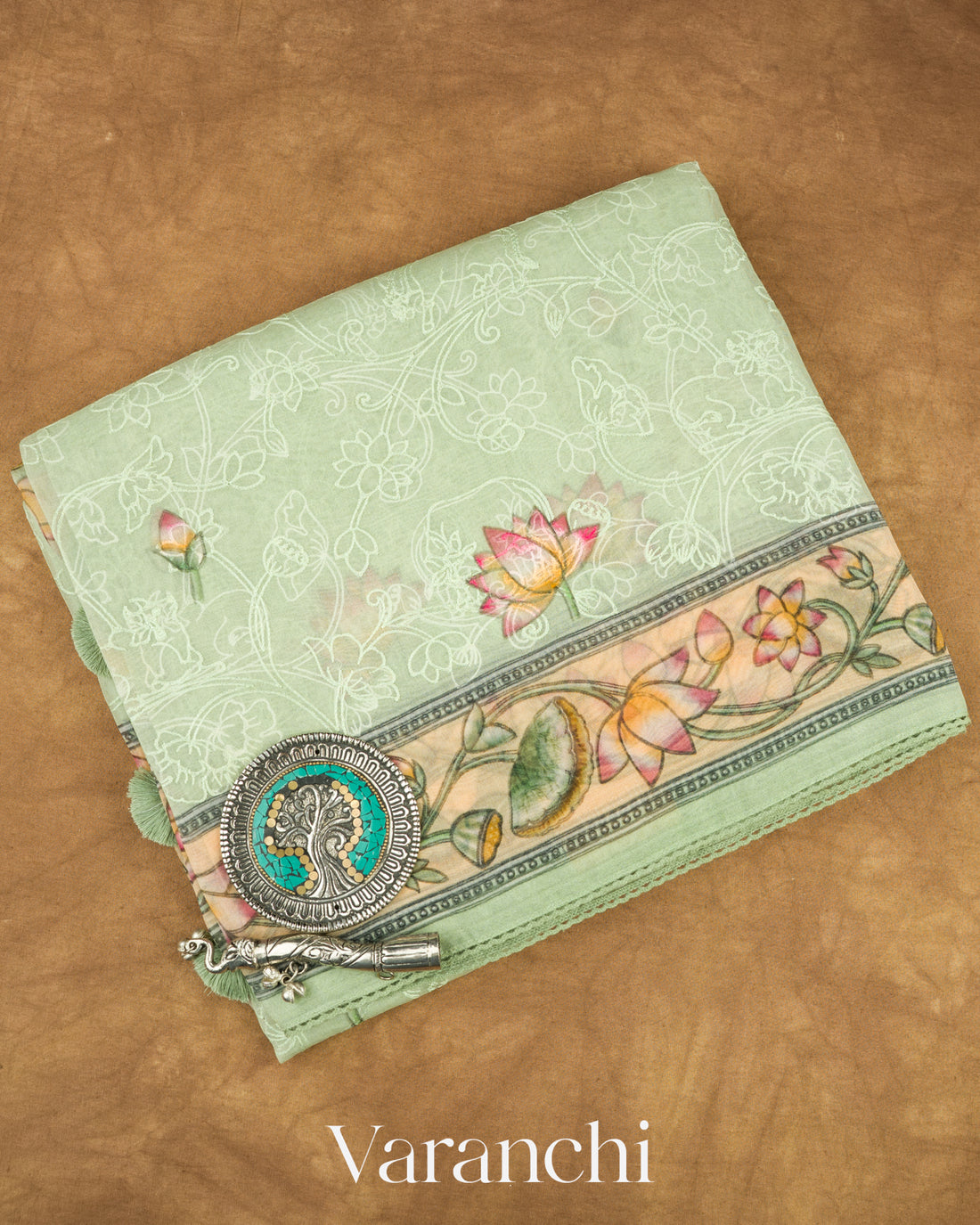 Soft Pistachio Embroidered and Digital Printed Pure Kora Silk Saree