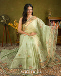 Soft Pistachio Embroidered and Digital Printed Pure Kora Silk Saree