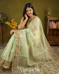 Soft Pistachio Embroidered and Digital Printed Pure Kora Silk Saree