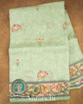 Soft Pistachio Embroidered and Digital Printed Pure Kora Silk Saree