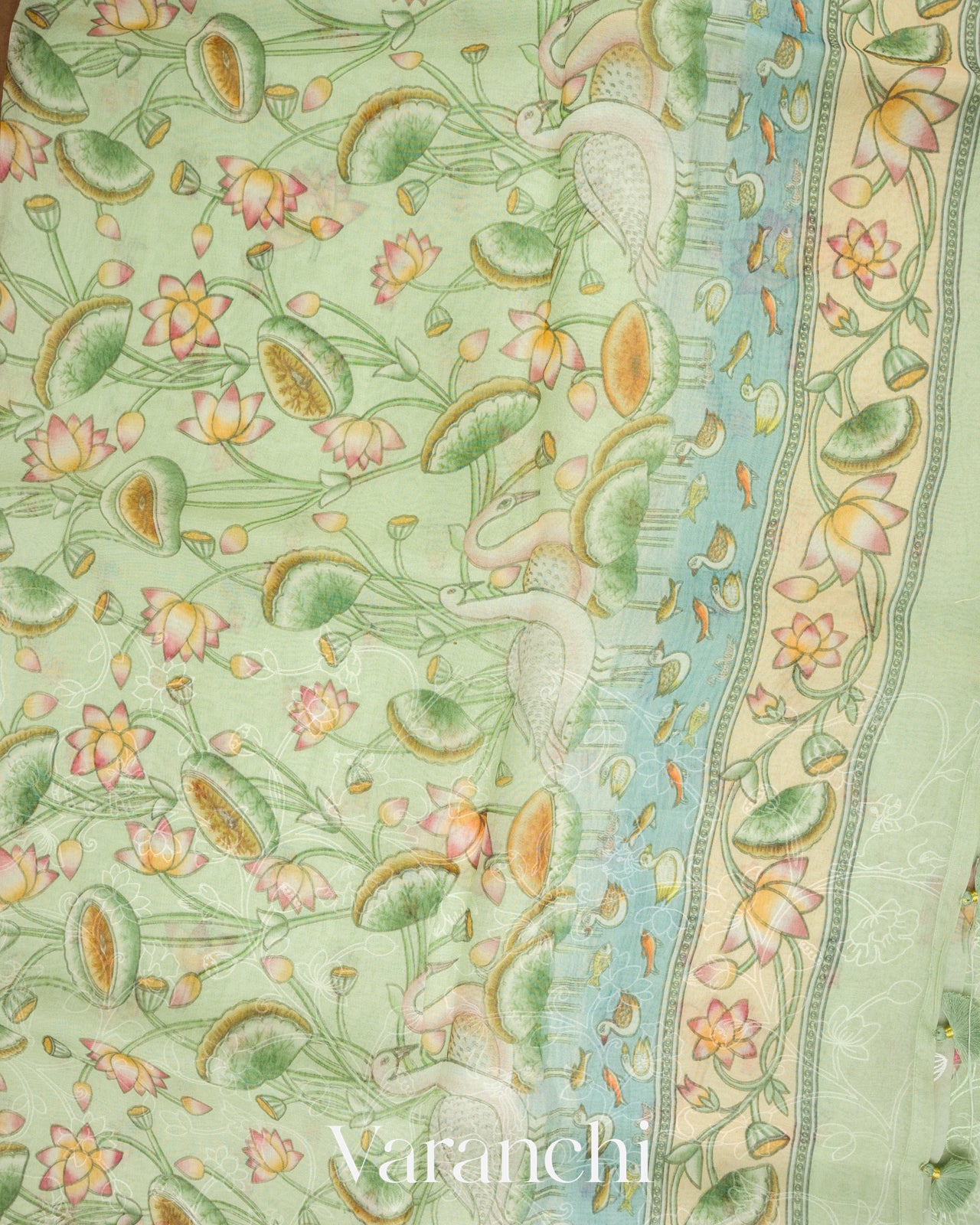 Soft Pistachio Embroidered and Digital Printed Pure Kora Silk Saree