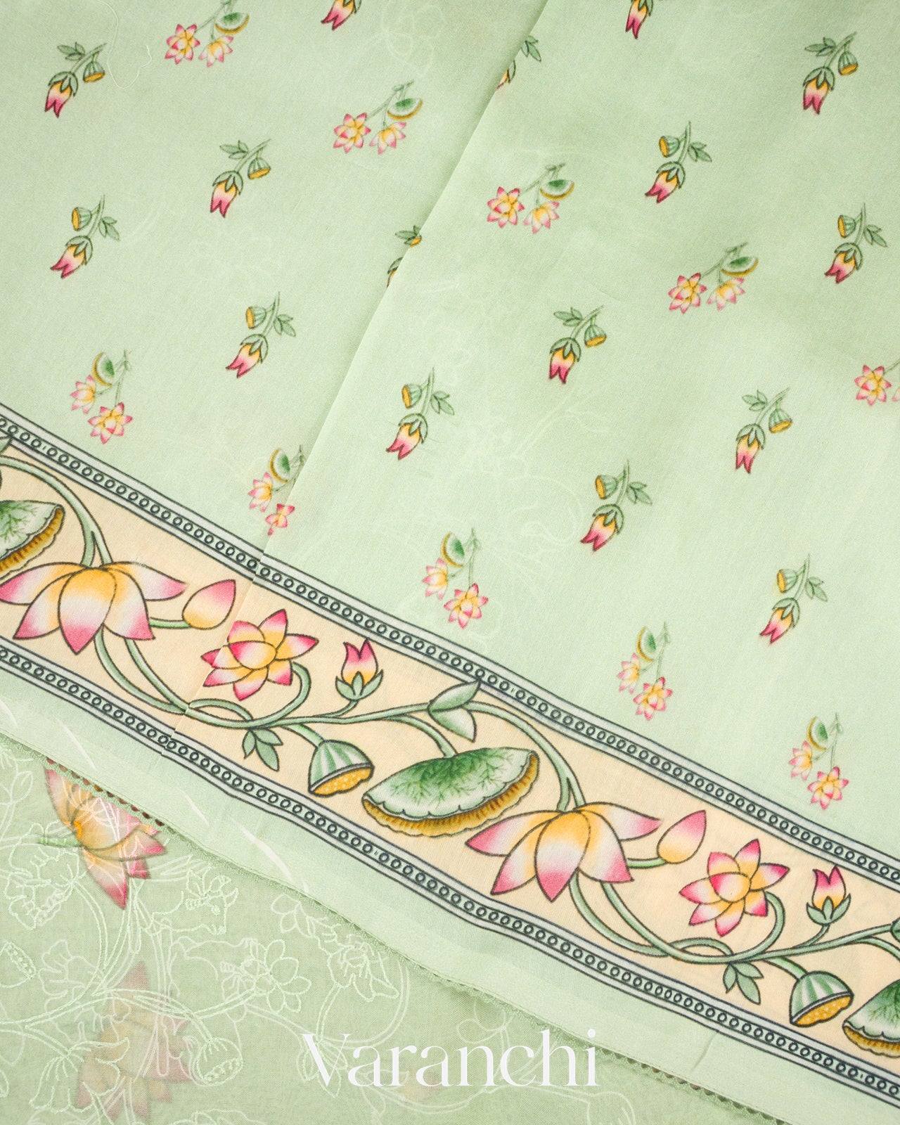 Soft Pistachio Embroidered and Digital Printed Pure Kora Silk Saree