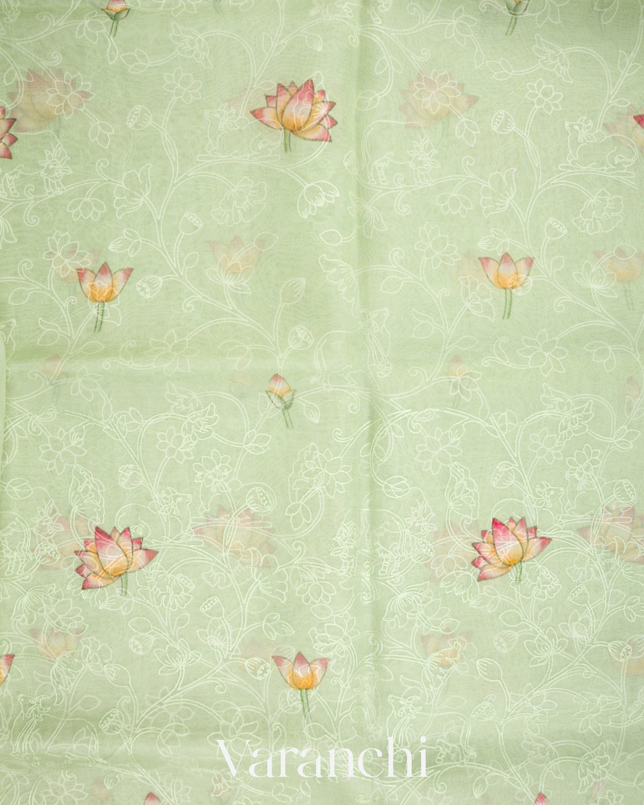 Soft Pistachio Embroidered and Digital Printed Pure Kora Silk Saree