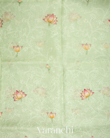 Soft Pistachio Embroidered and Digital Printed Pure Kora Silk Saree