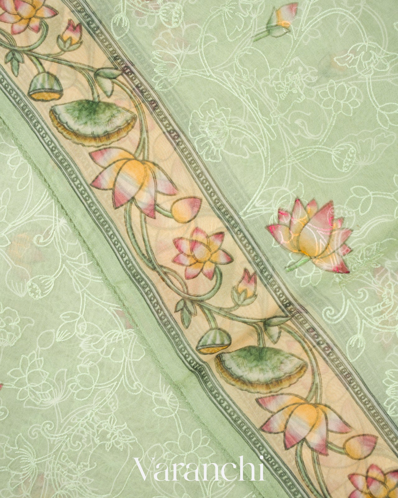 Soft Pistachio Embroidered and Digital Printed Pure Kora Silk Saree