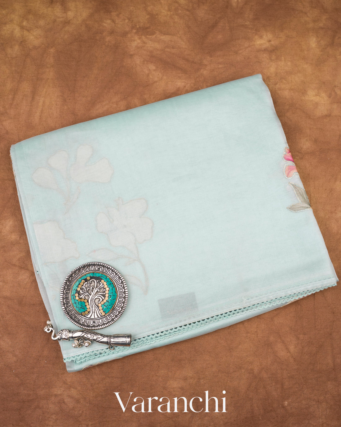 Sky Blue Applique and Embroidered Pure Kora Silk Saree