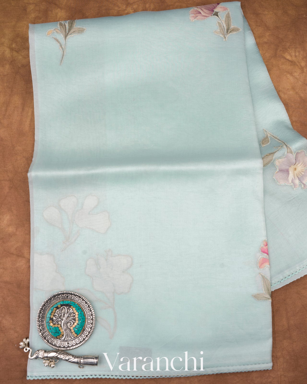 Sky Blue Applique and Embroidered Pure Kora Silk Saree