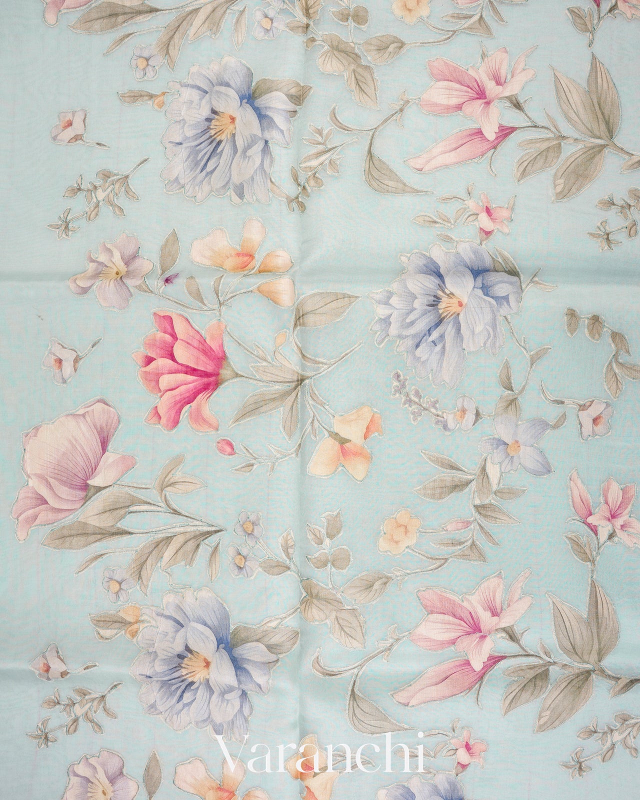 Sky Blue Applique and Embroidered Pure Kora Silk Saree