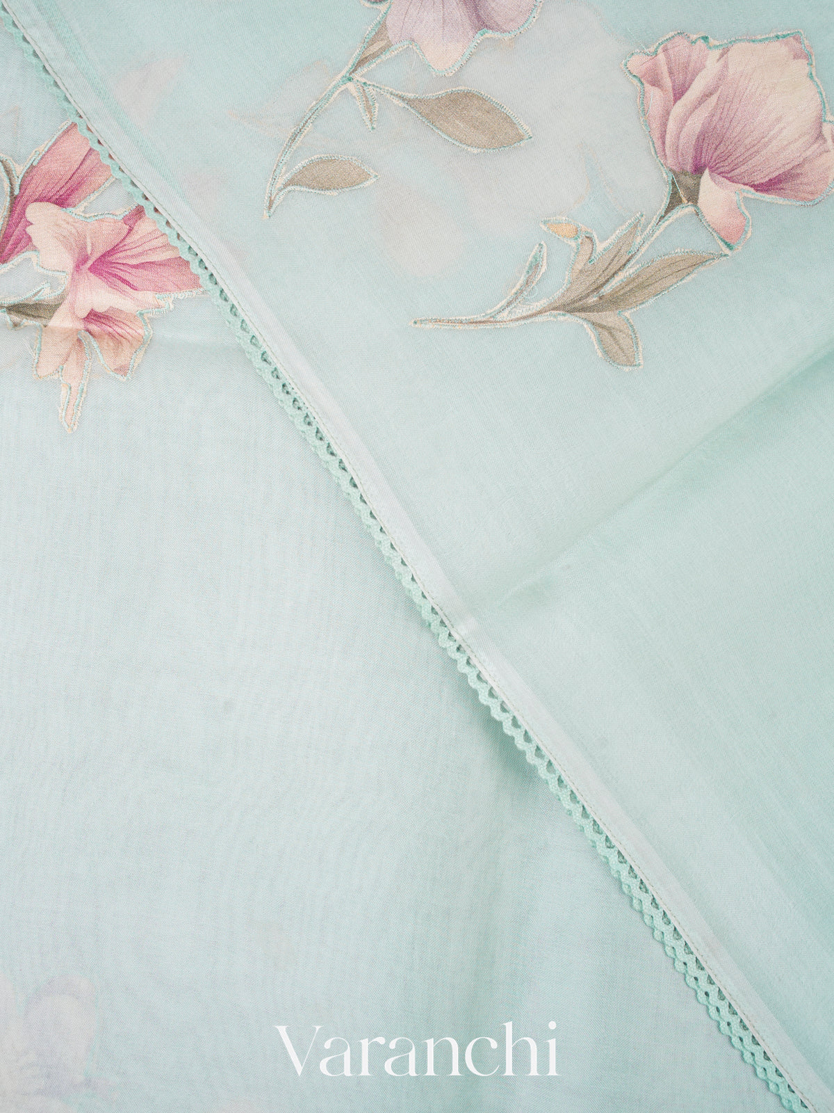 Sky Blue Applique and Embroidered Pure Kora Silk Saree
