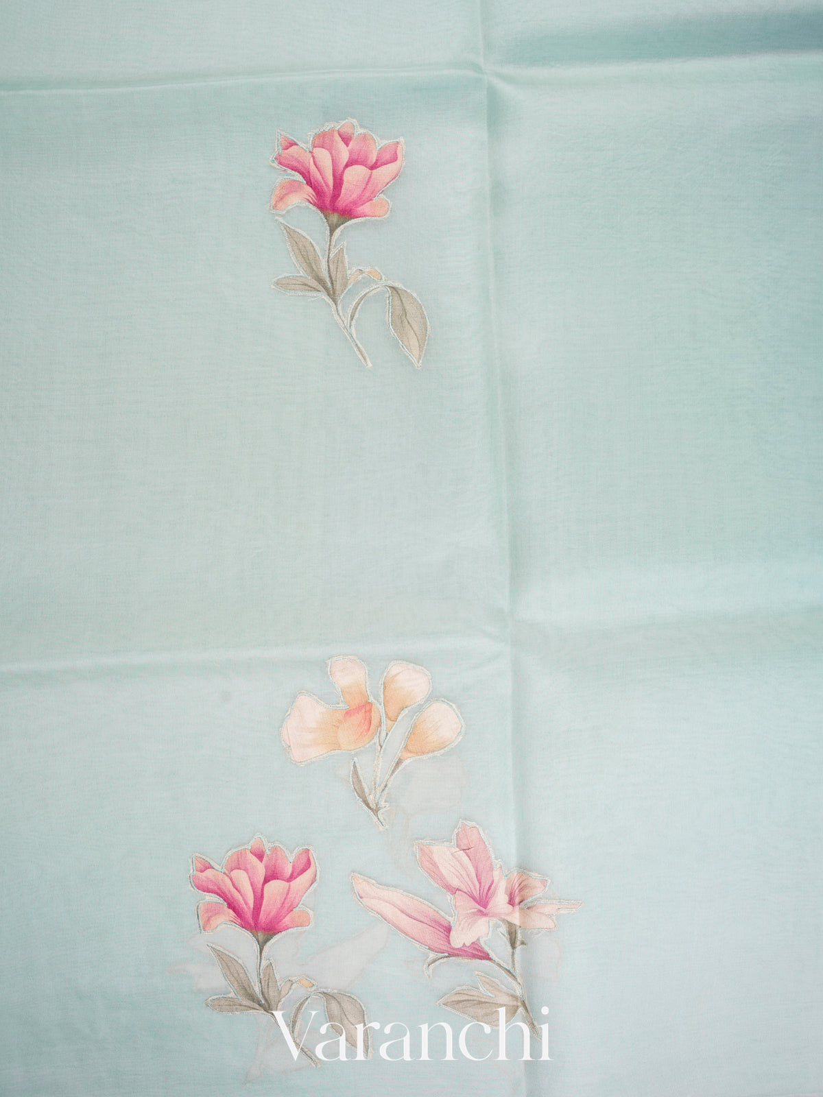 Sky Blue Applique and Embroidered Pure Kora Silk Saree