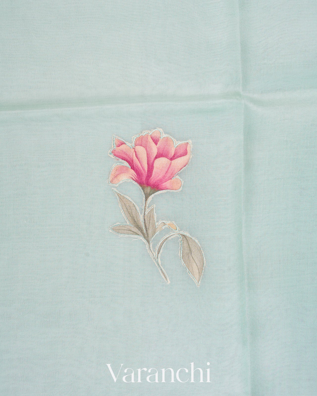 Sky Blue Applique and Embroidered Pure Kora Silk Saree