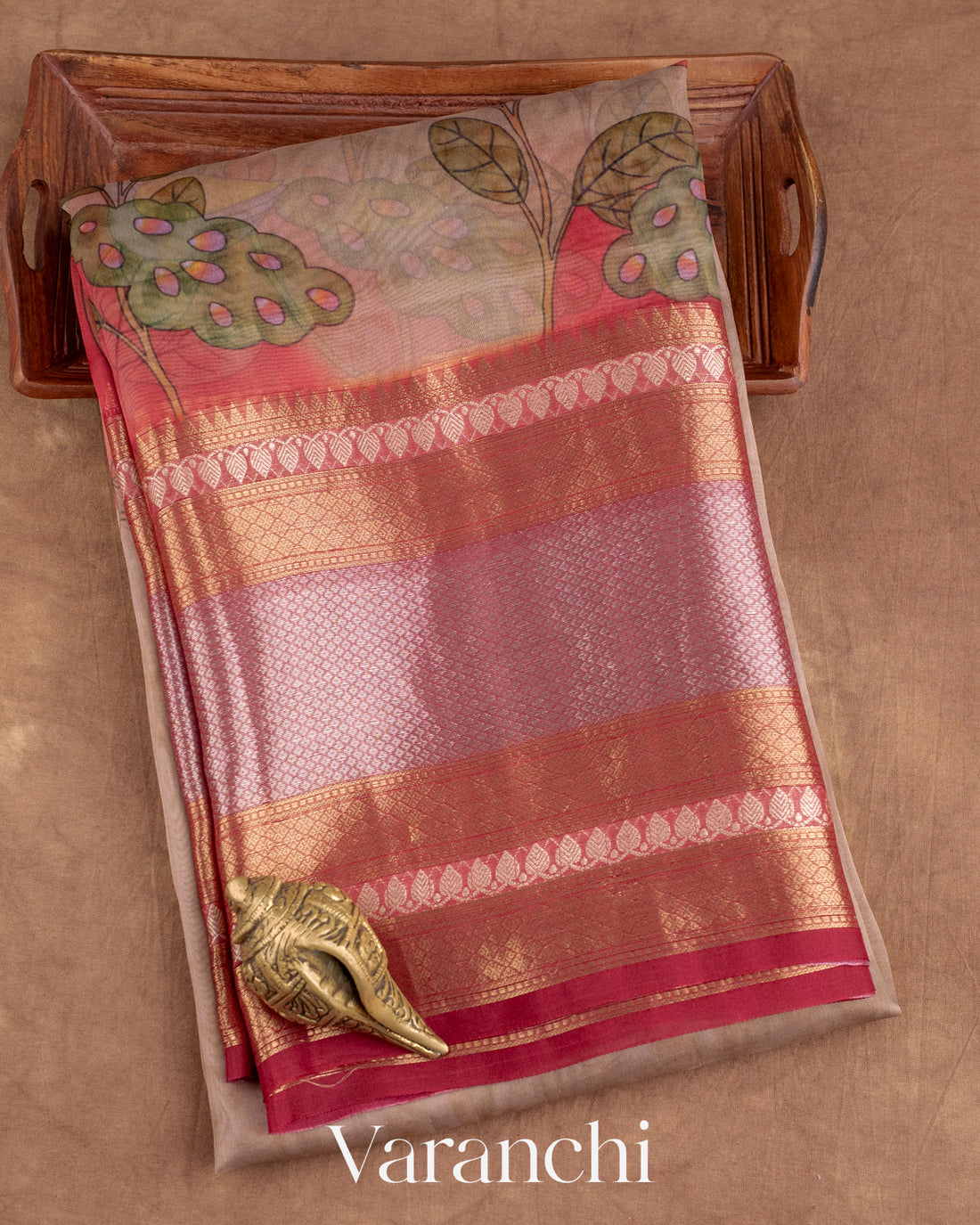 Soft Sand Beige Printed Pure Kora Silk Saree