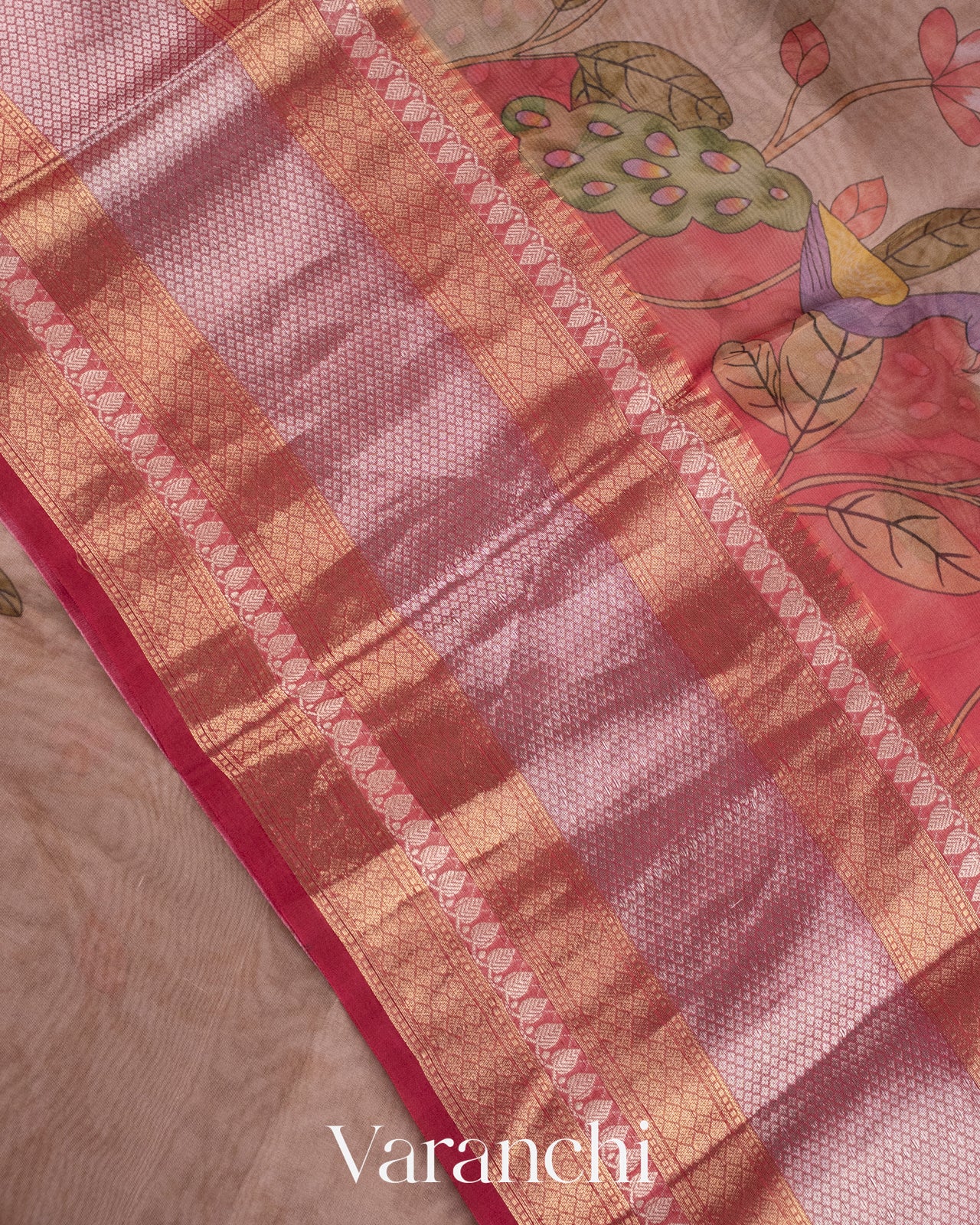 Soft Sand Beige Printed Pure Kora Silk Saree