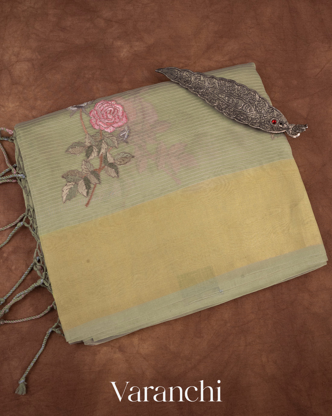 Sage Green Floral Applique and Embroidered Pure Kora Silk Saree