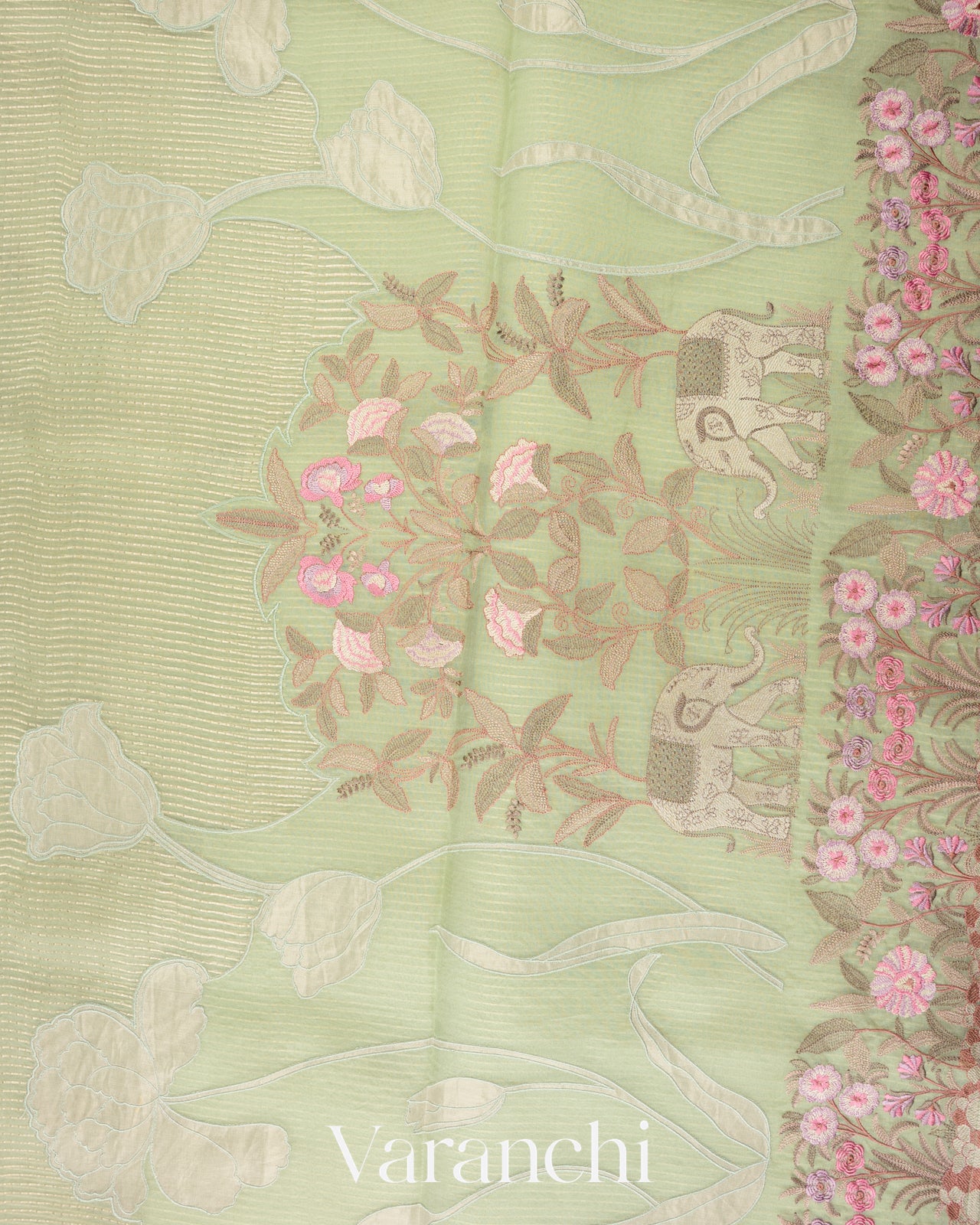 Soft Sage Green Striped Pure Kora Silk Saree 