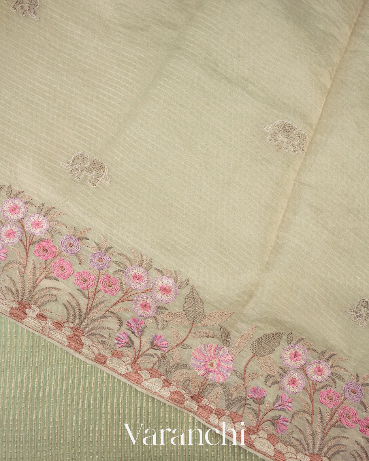 Soft Sage Green Striped Pure Kora Silk Saree 