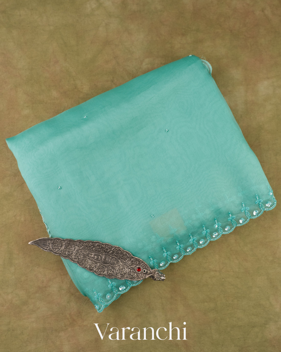 Seafoam Green Embroidered  Pure Kora Silk Saree 