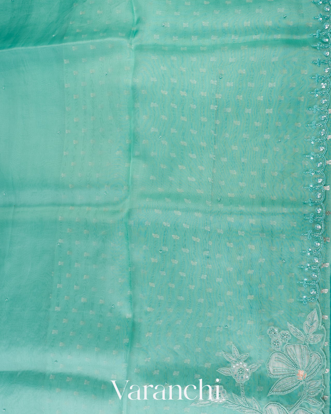 Seafoam Green Embroidered  Pure Kora Silk Saree 
