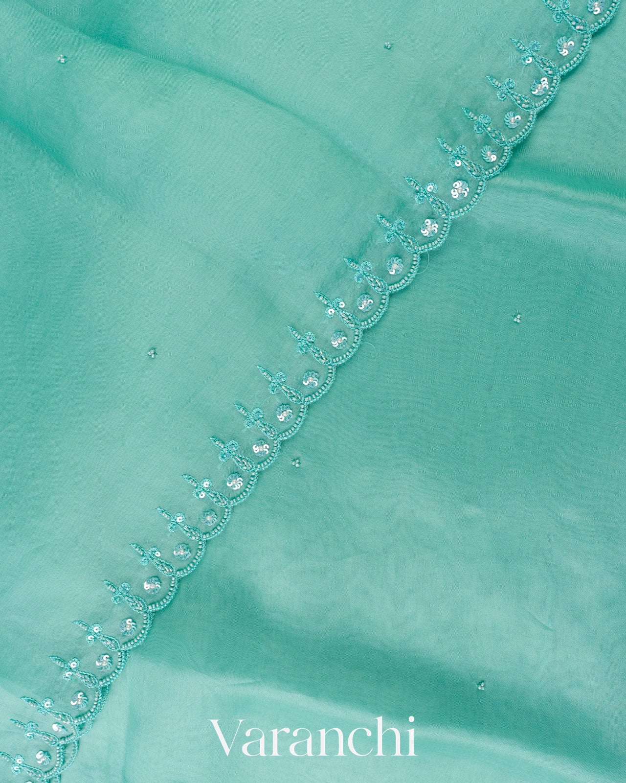 Seafoam Green Embroidered  Pure Kora Silk Saree 