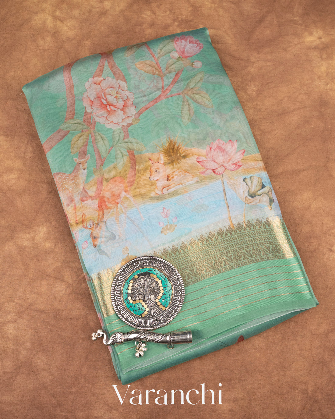 Sea Green Digital Printed Pure Kora Silk Saree