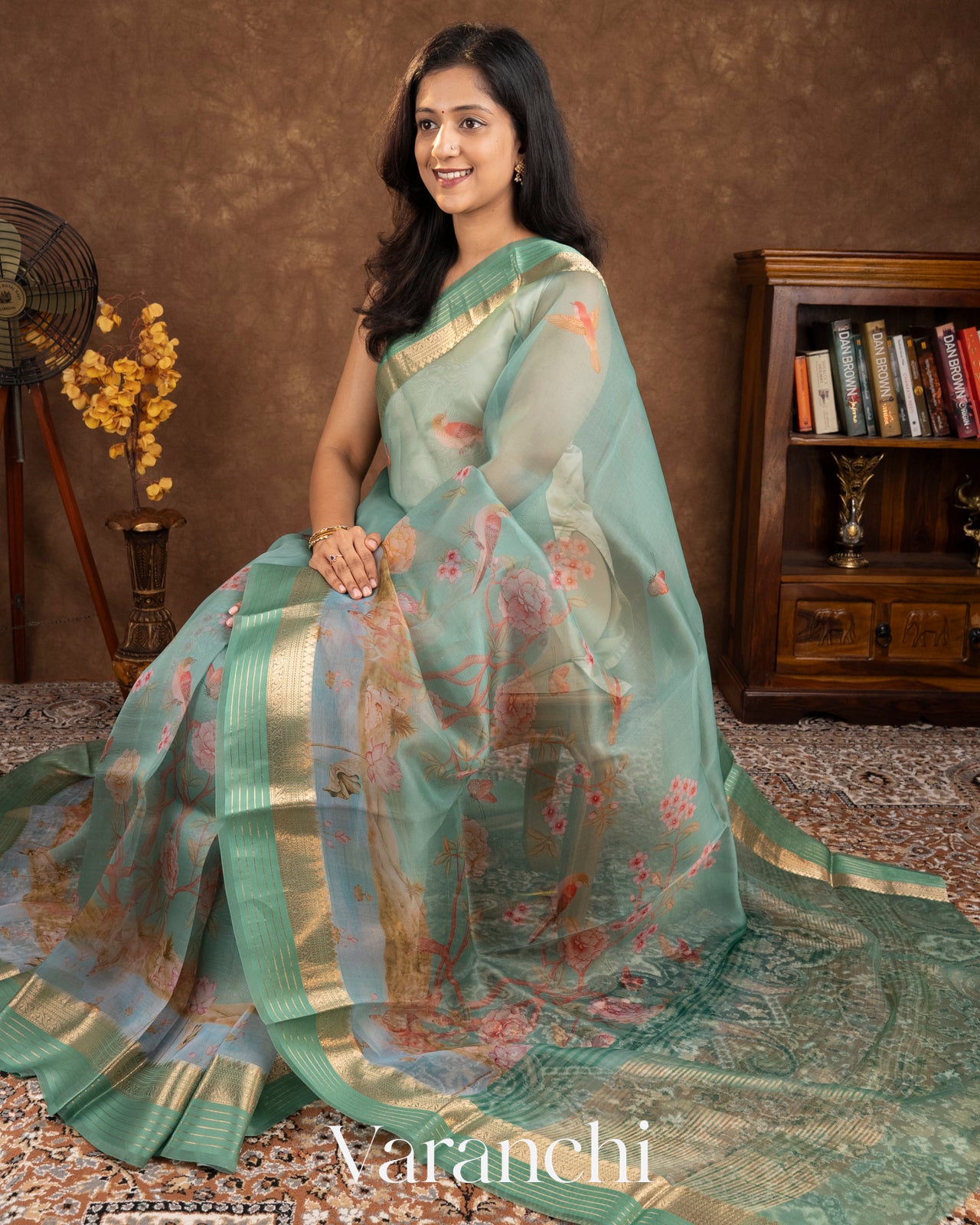 Sea Green Digital Printed Pure Kora Silk Saree