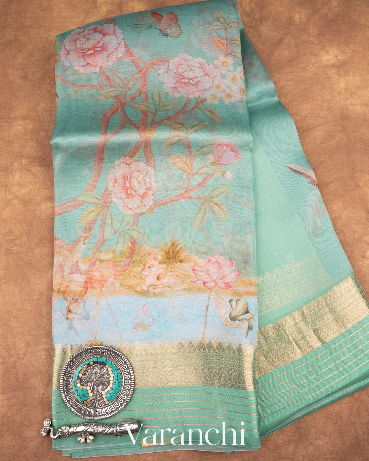 Sea Green Digital Printed Pure Kora Silk Saree