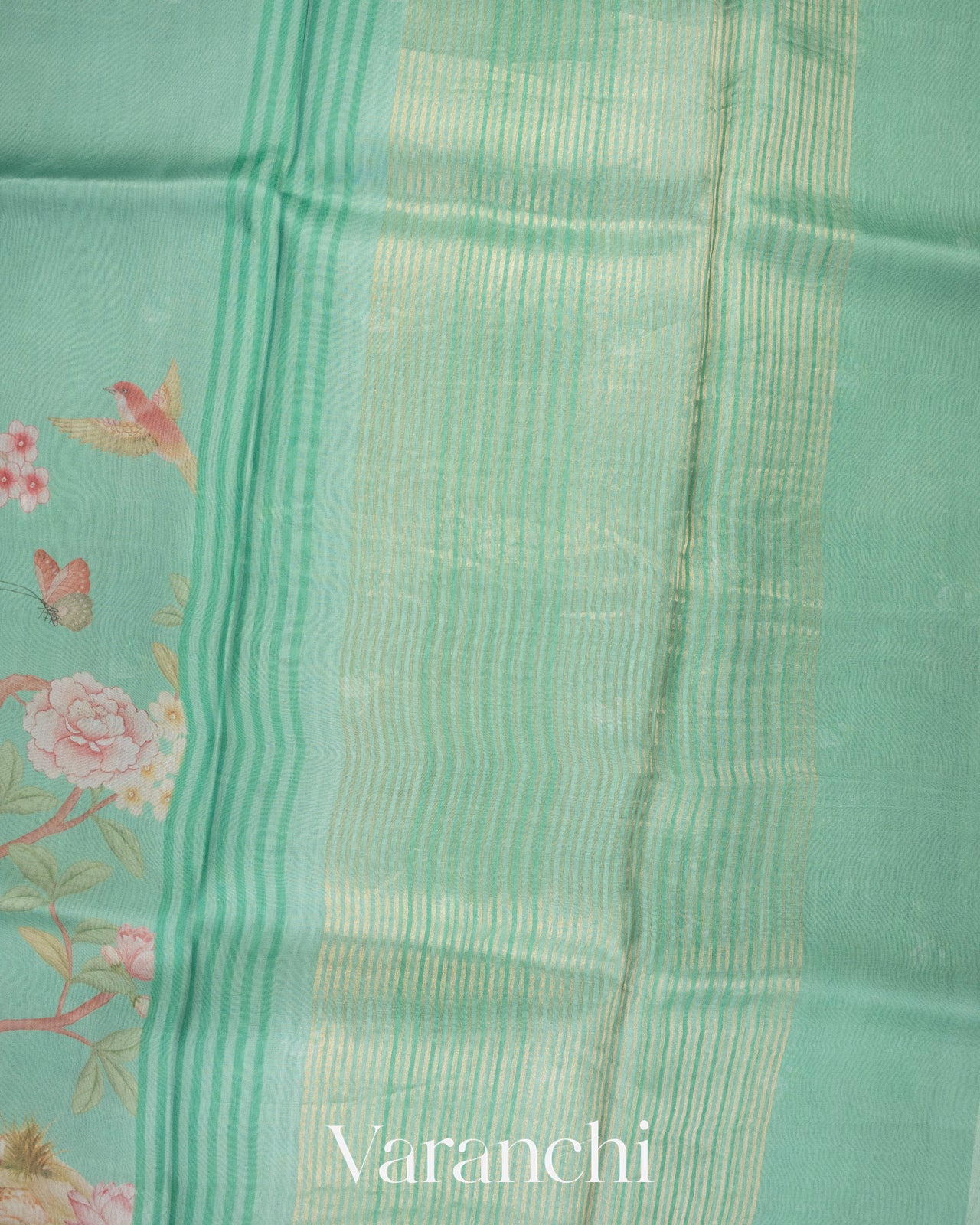 Sea Green Digital Printed Pure Kora Silk Saree