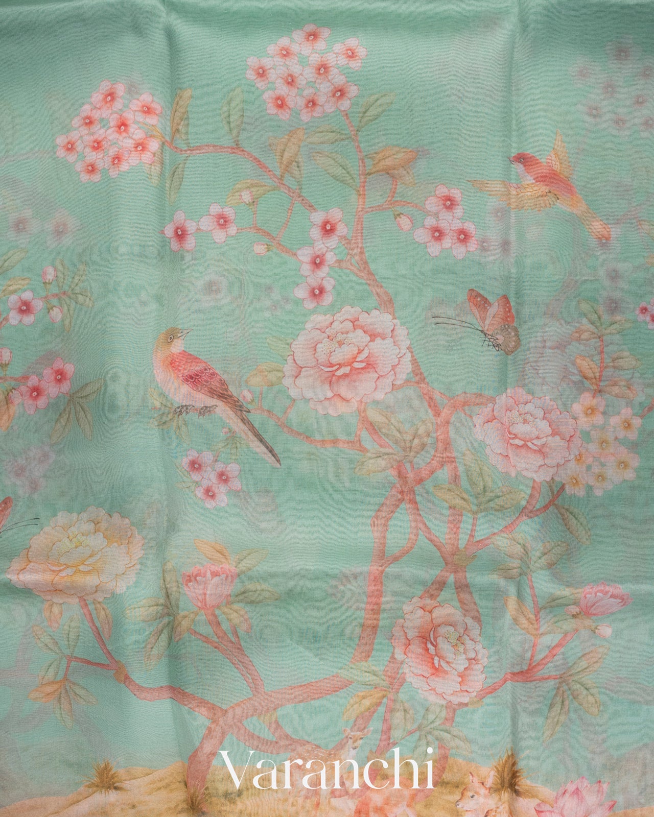 Sea Green Digital Printed Pure Kora Silk Saree