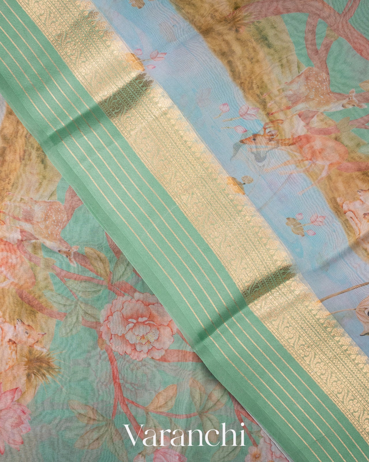 Sea Green Digital Printed Pure Kora Silk Saree