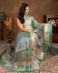 Sea Green Digital Printed Pure Kora Silk Saree