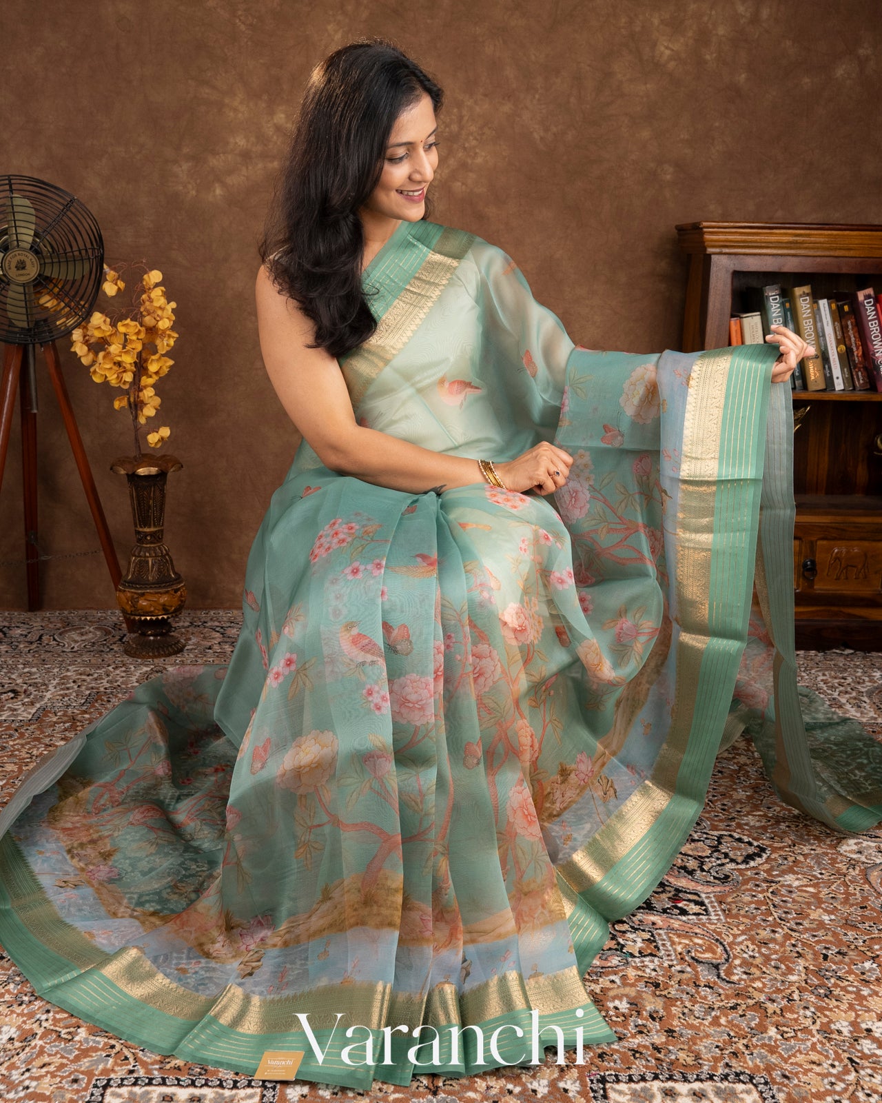 Sea Green Digital Printed Pure Kora Silk Saree