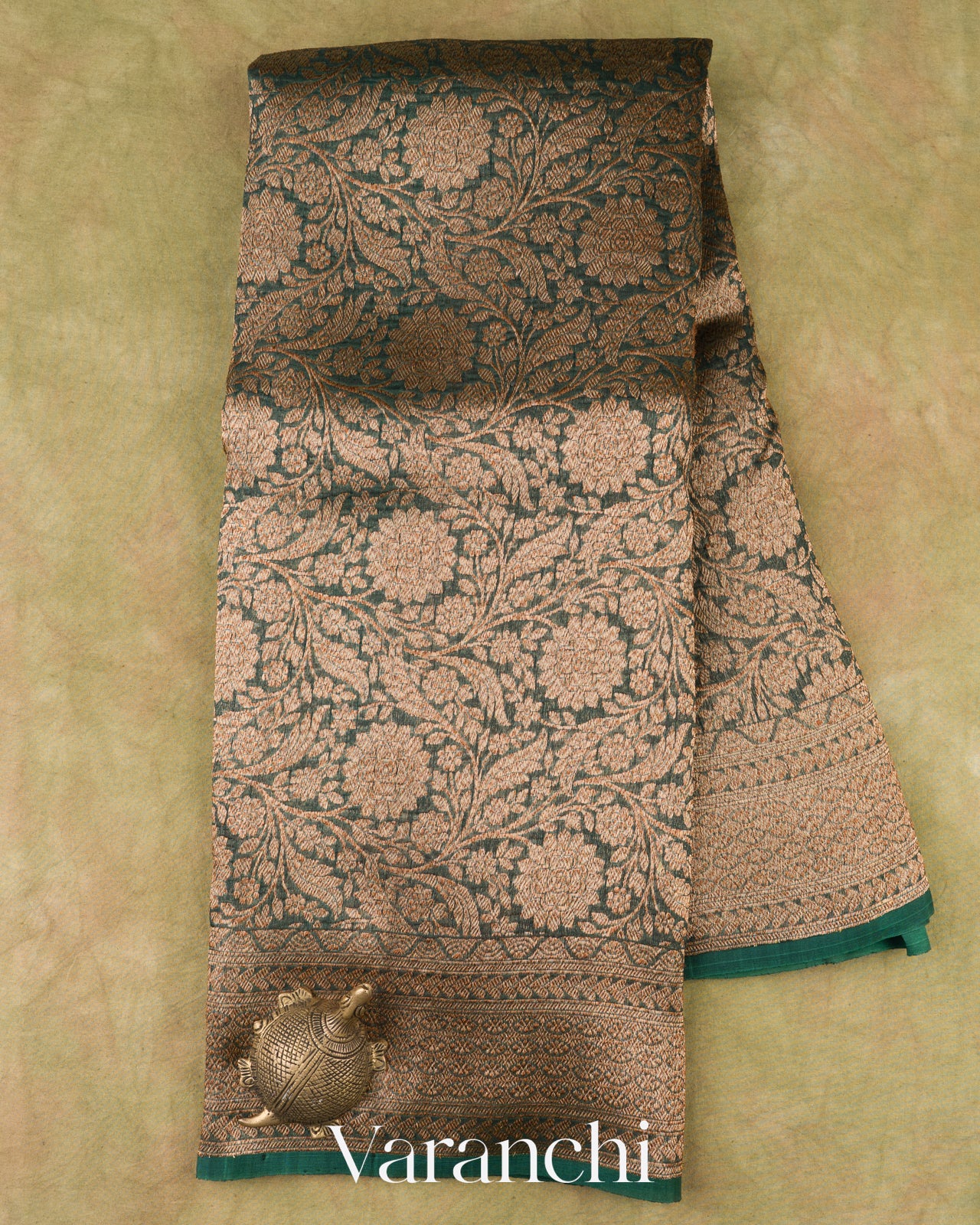 Teal Green Heavy Brocade Pure Kora Silk Handloom Saree