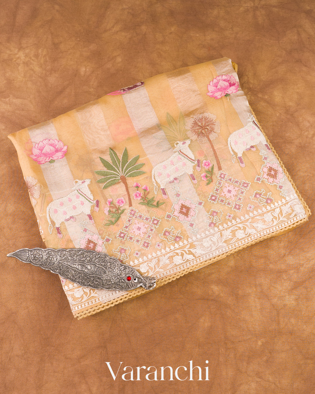 Soft Honey Gold Pichwai Applique Pure Tissue Kora Silk Saree