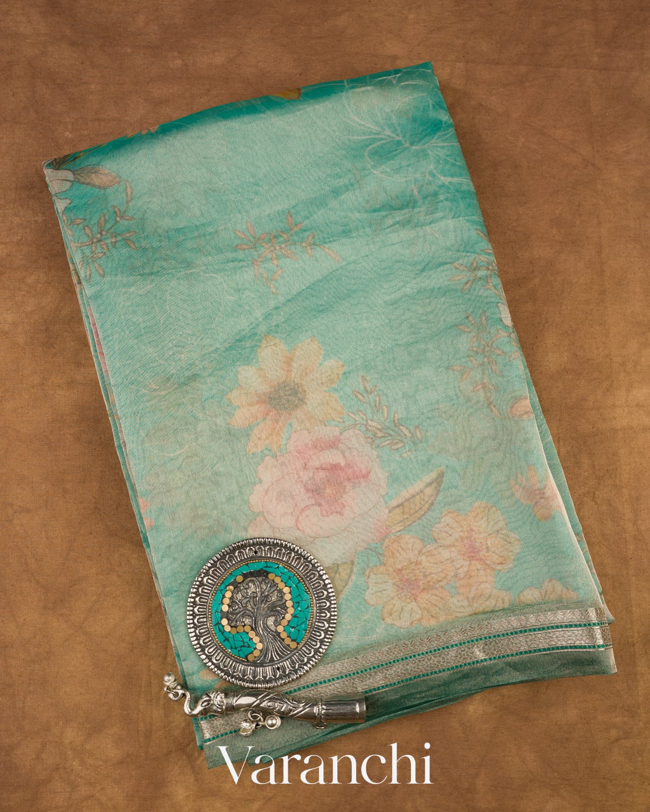 Misty Aqua Green Tissue Pure Kora Silk Saree 