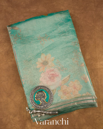 Misty Aqua Green Tissue Pure Kora Silk Saree 