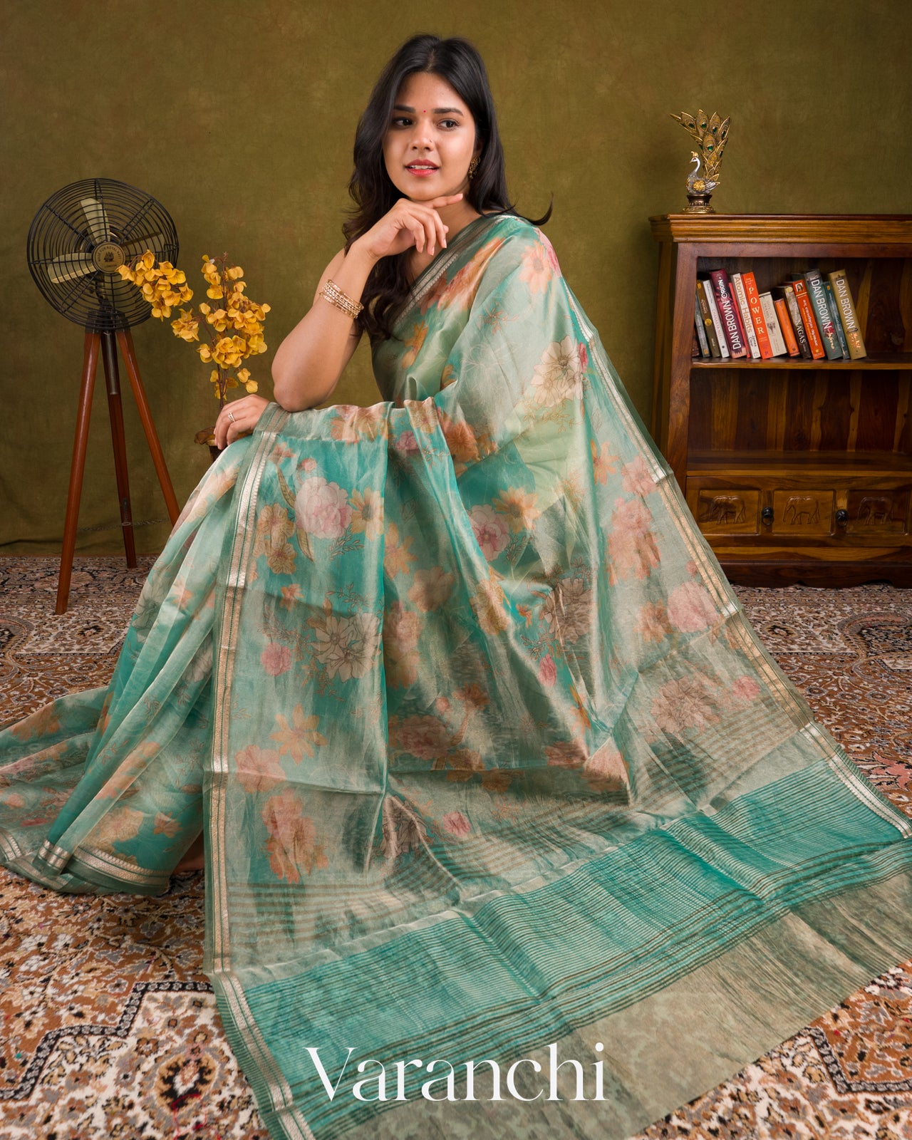 Misty Aqua Green Tissue Pure Kora Silk Saree 