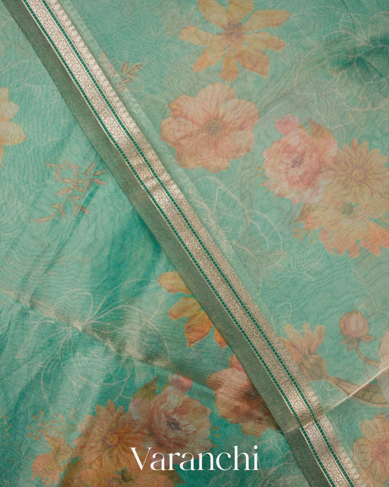 Misty Aqua Green Tissue Pure Kora Silk Saree 