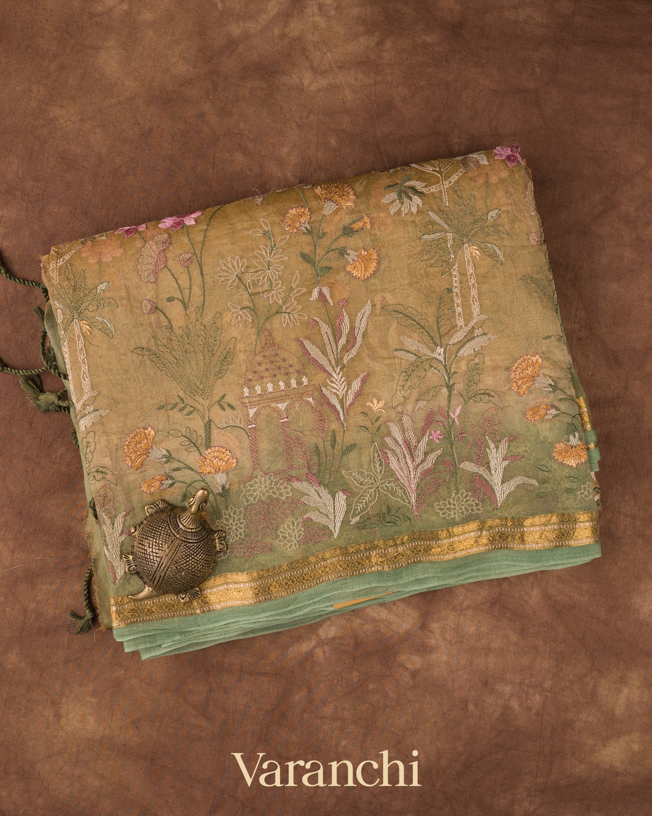 Beige Green Floral Embroidered Pure Tissue Kora Silk Saree