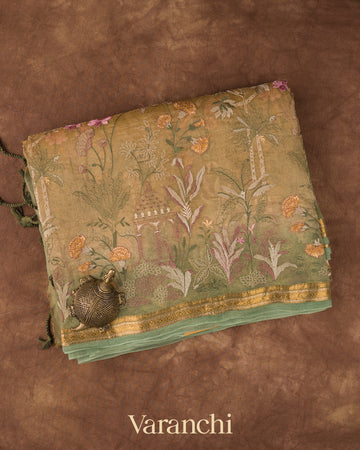 Beige Green Floral Embroidered Pure Tissue Kora Silk Saree