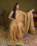 Beige Green Floral Embroidered Pure Tissue Kora Silk Saree