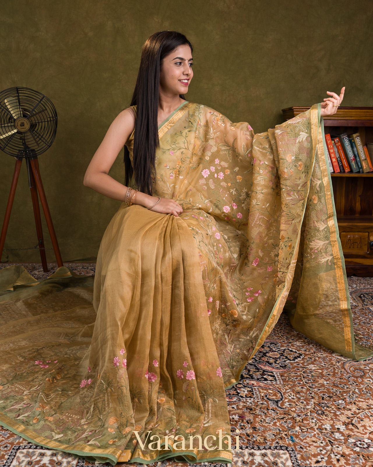 Beige Green Floral Embroidered Pure Tissue Kora Silk Saree