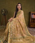Beige Green Floral Embroidered Pure Tissue Kora Silk Saree