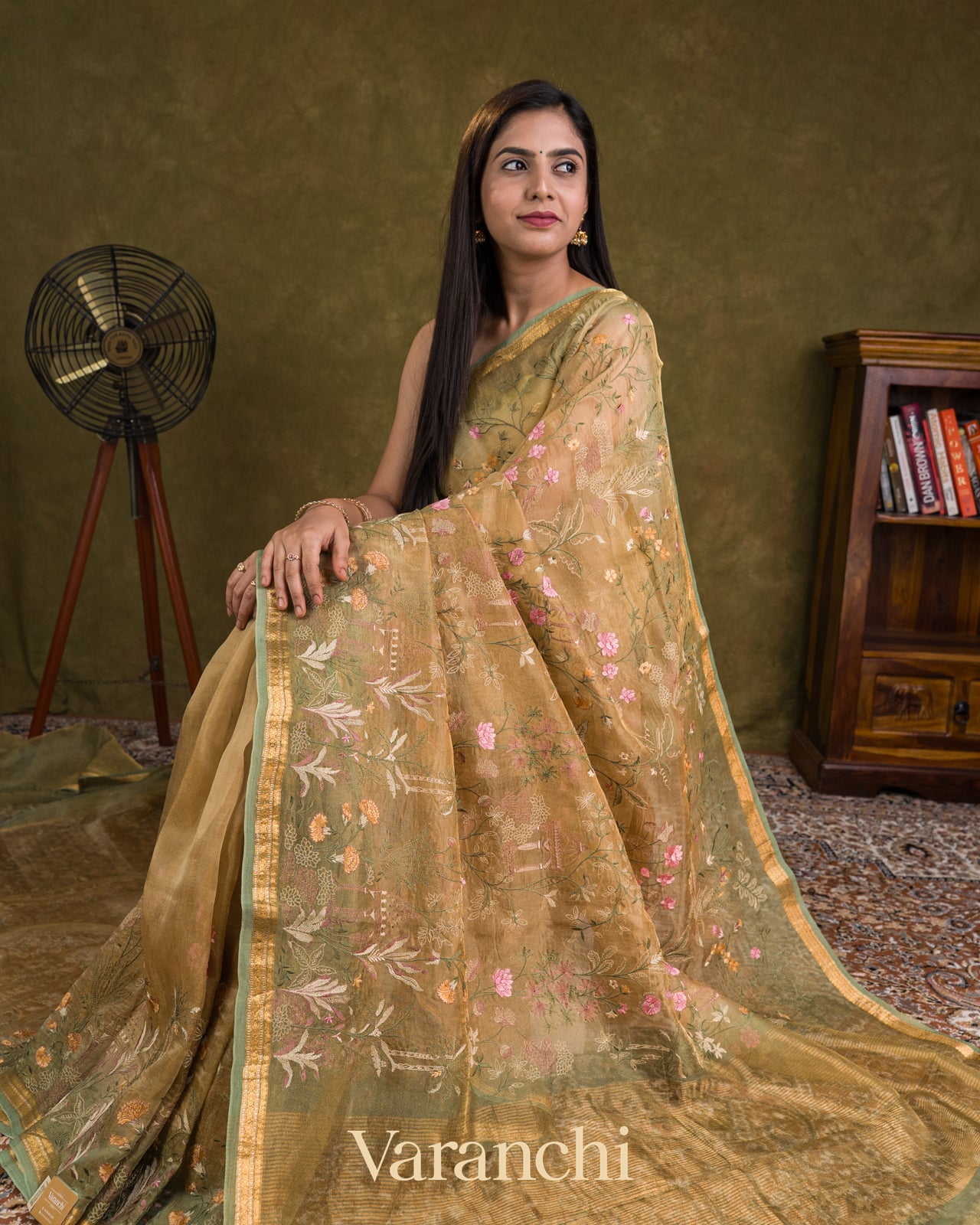 Beige Green Floral Embroidered Pure Tissue Kora Silk Saree