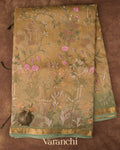 Beige Green Floral Embroidered Pure Tissue Kora Silk Saree