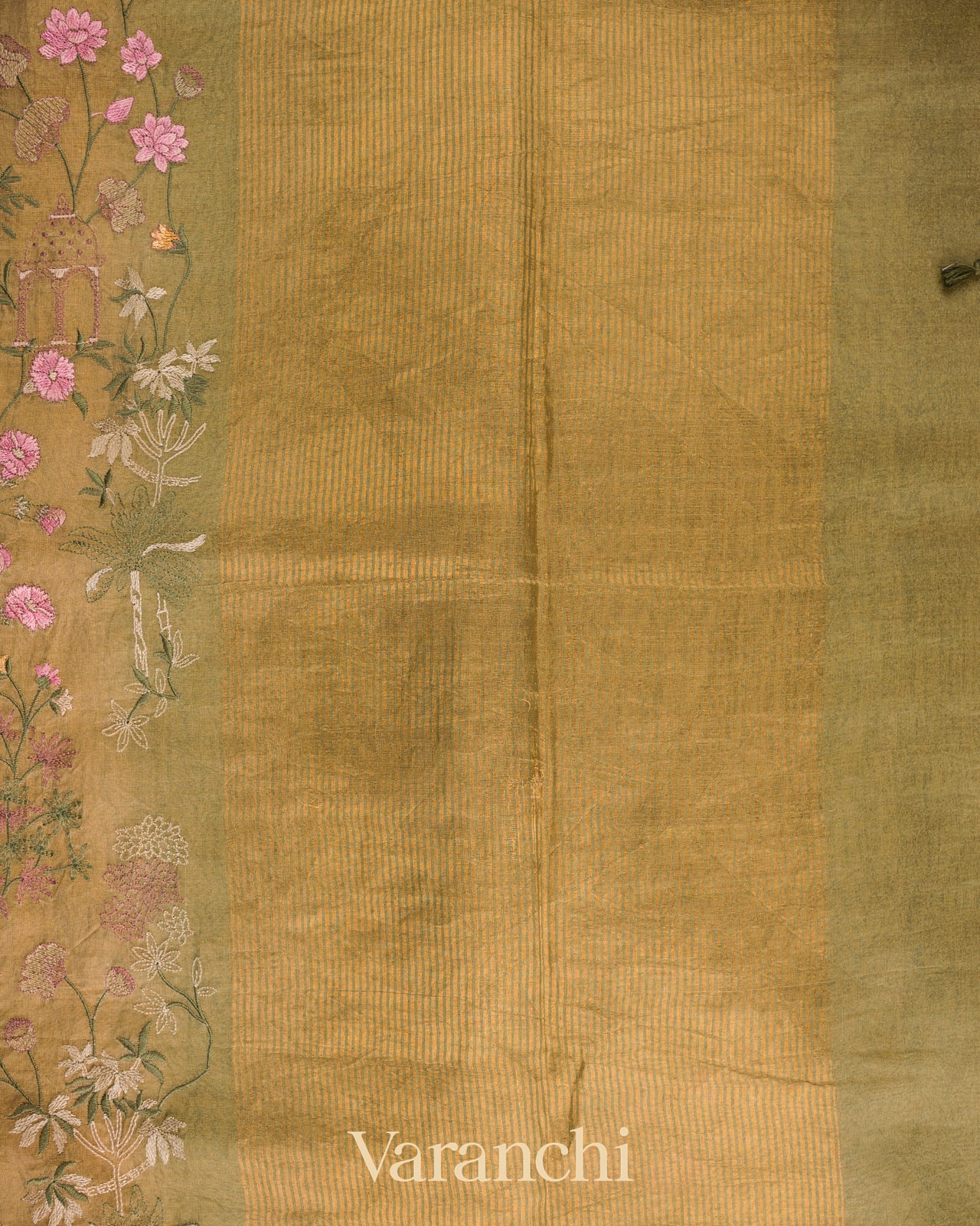 Beige Green Floral Embroidered Pure Tissue Kora Silk Saree