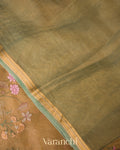 Beige Green Floral Embroidered Pure Tissue Kora Silk Saree