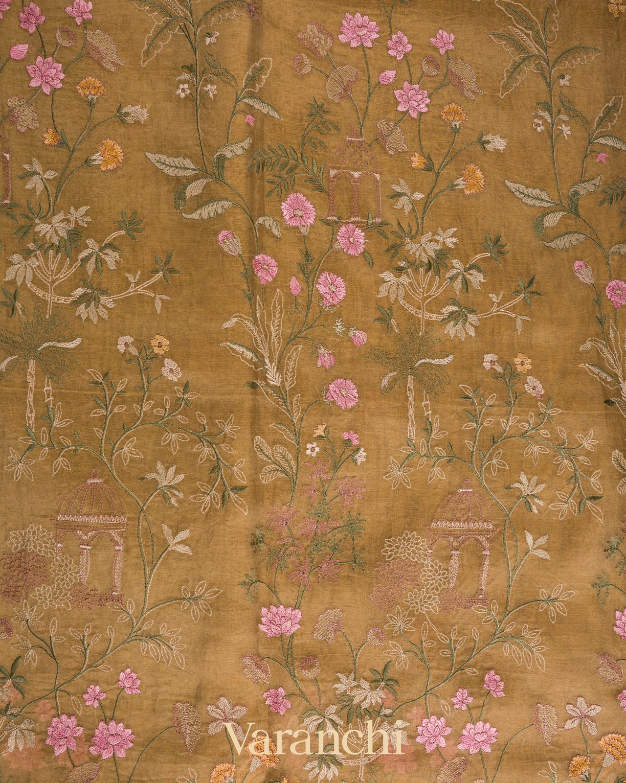 Beige Green Floral Embroidered Pure Tissue Kora Silk Saree