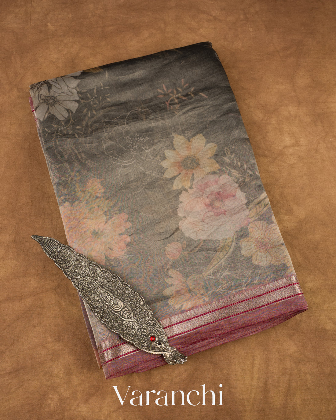 Black Printed Pure Tissue Kora Silk Saree