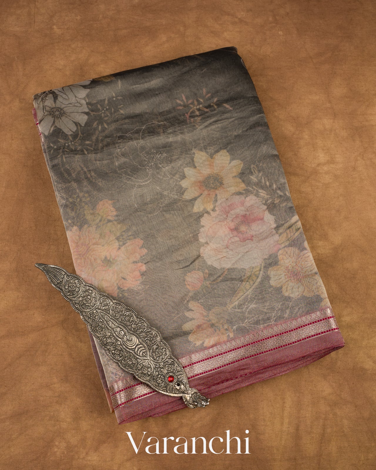 Black Printed Pure Tissue Kora Silk Saree